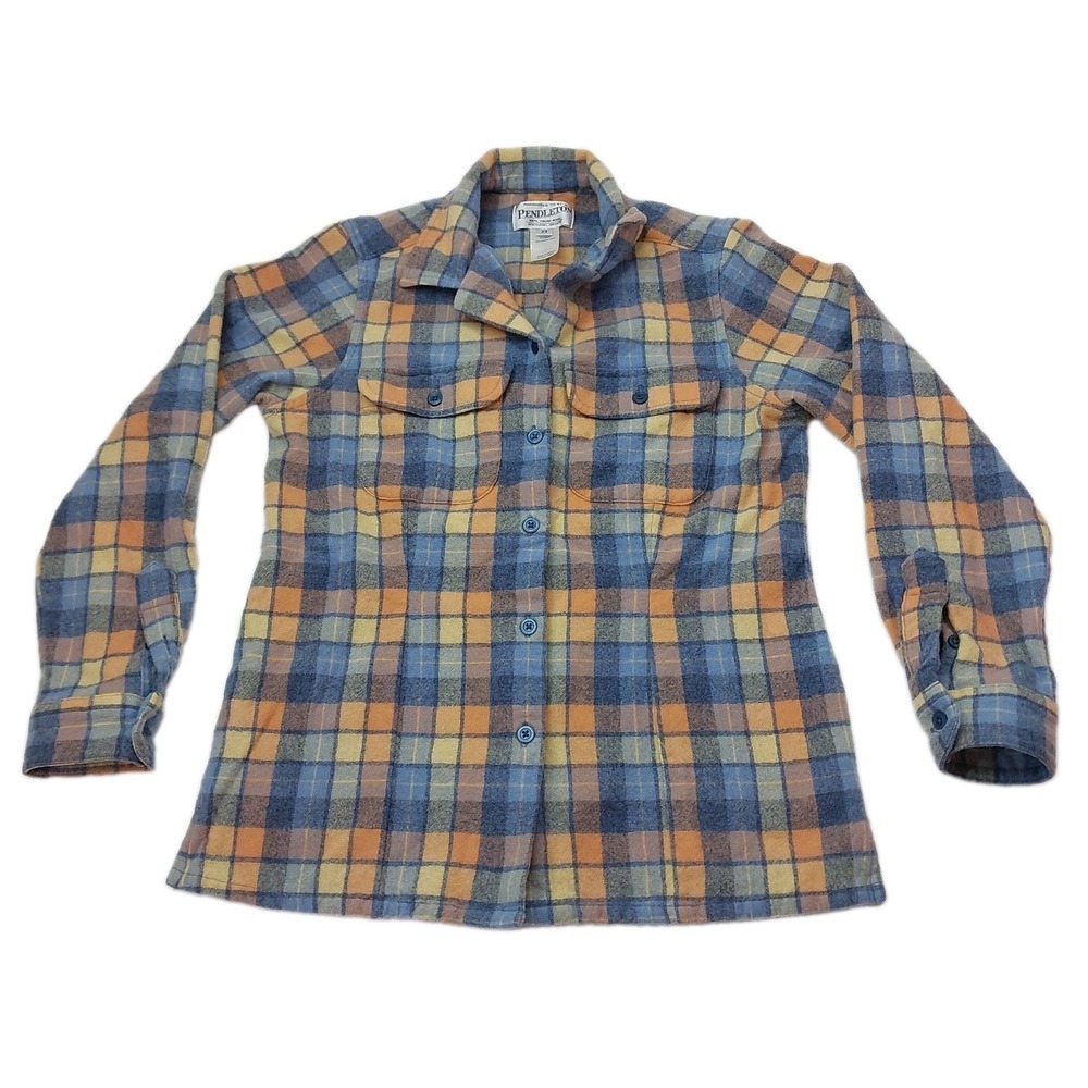Vtg Pendleton Flannel Shirt Women's XS Blue Orange Plaid Virgin Wool Button